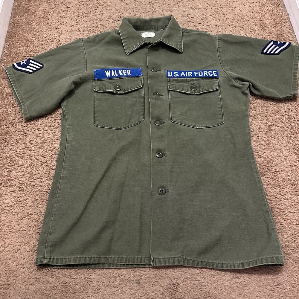 Vtg Army OG 107 Cotton Sateen Short Sleeve Shirt Vietnam Air Force Selma 15.5x33